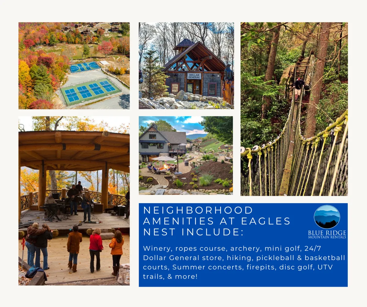 A sweeping view of Eagles Nest’s community amenities, including tennis courts, the community lodge, a ropes course, a live music stage, and bridges winding through tall trees, all set against a vibrant mountain backdrop. The image is lively and highlights areas designed for concerts, sports, family fun, and outdoor adventure.